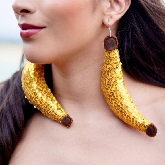 DiscoFruits Plush Sparkly Sequin Statement Disco Banana Earrings - Bright Yellow - Picture 1 of 6